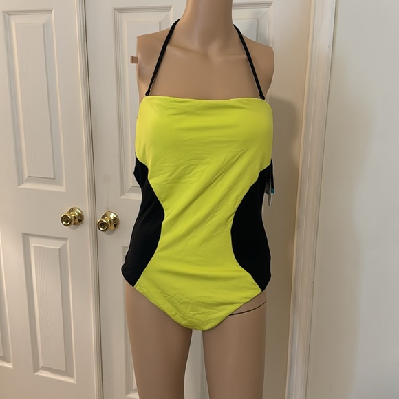 NWT Kenneth Cole Tummy Toner Black & Yellow Swimsuit Size Large - Picture 1 of 11